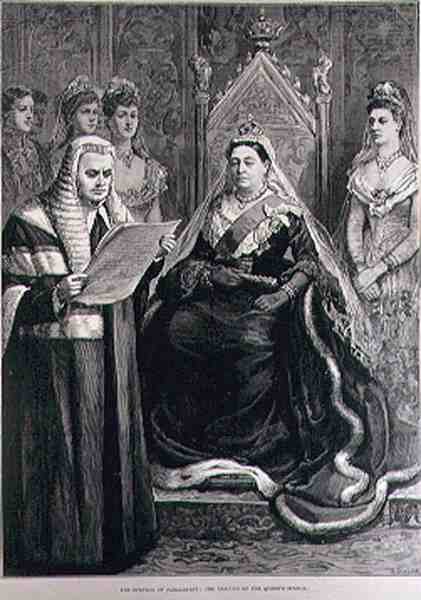 Parlamentin avajaiset: The Reading of the Queens Speech, kaiverrus R. Taylor, The Illustrated London News, 30. tammikuuta 1886 tekijältä English School