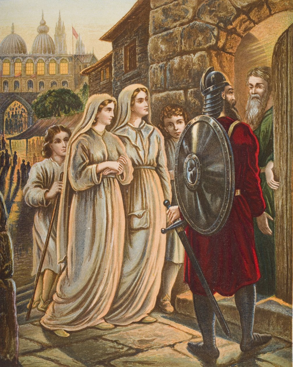 Pyhiinvaeltajat Mansonin talossa, kuvitus John Bunyanin (1628-88) teoksesta "Pilgrim