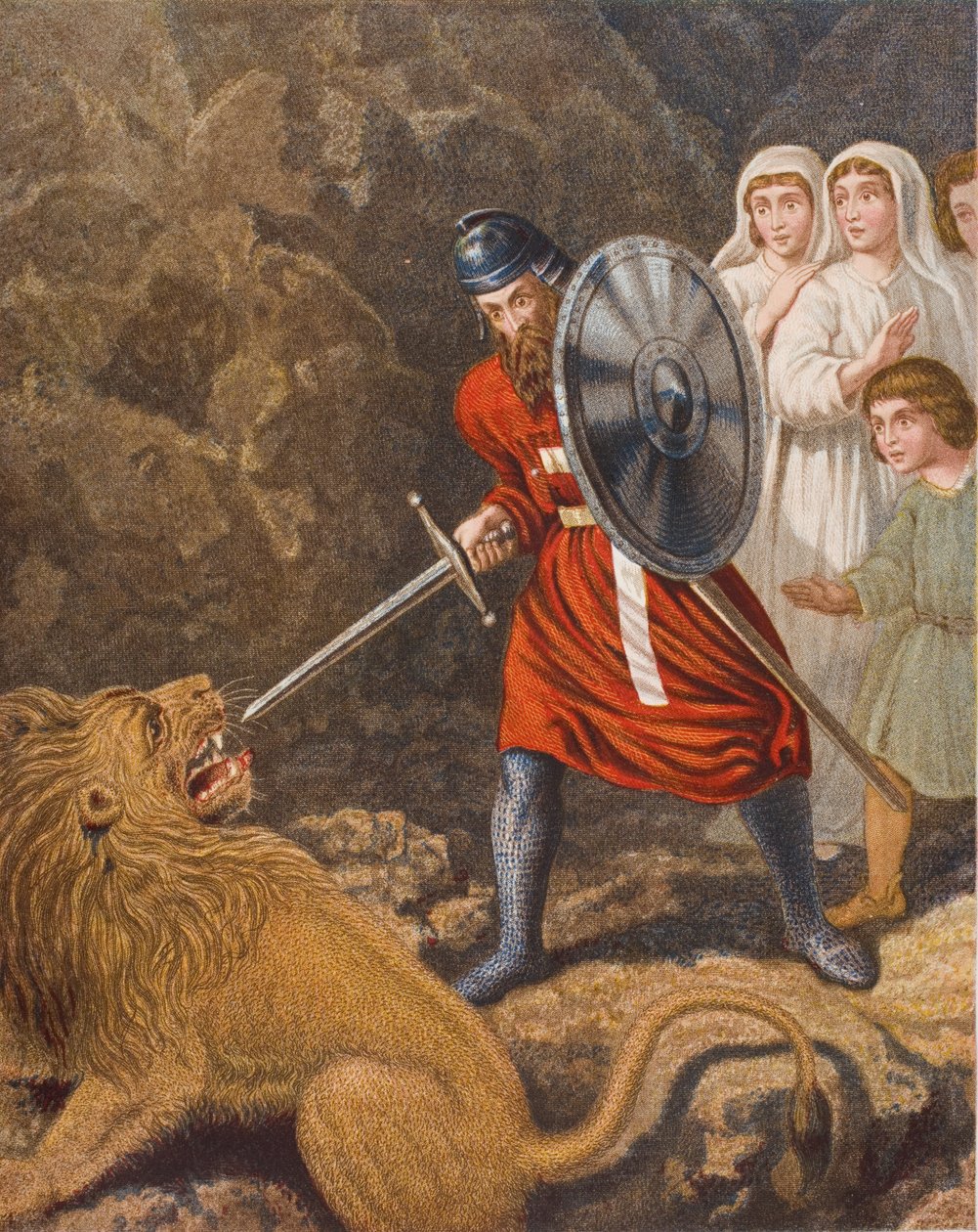 Pyhiinvaeltajan tapaaminen leijonan kanssa, kuvitus John Bunyanin (1628-88) teoksesta "Pilgrim