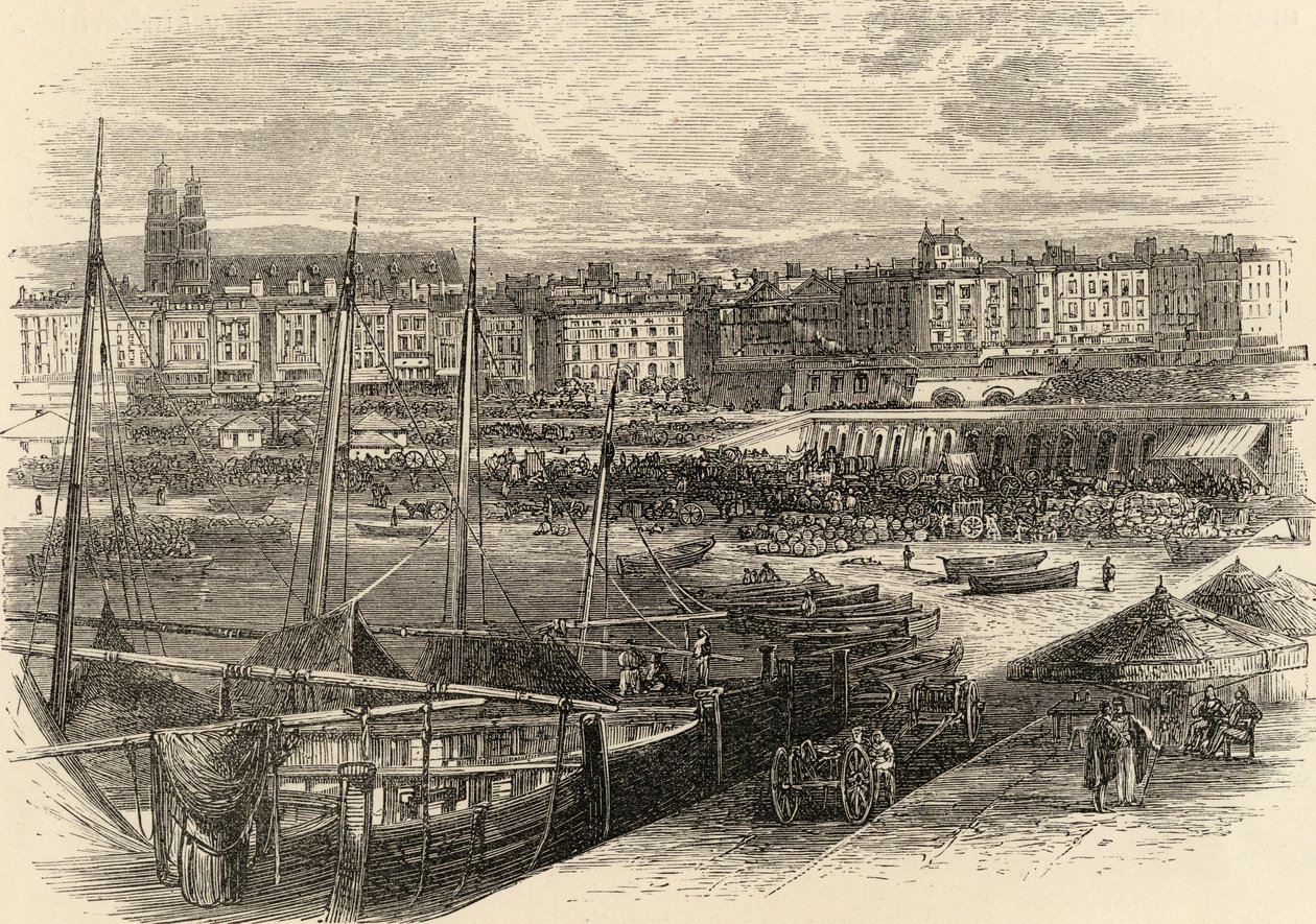Barcelonan satama, Espanja, pastori Samuel Manningin "Spanish Pictures" -julkaisusta, julkaistu vuonna 1870 tekijältä English School