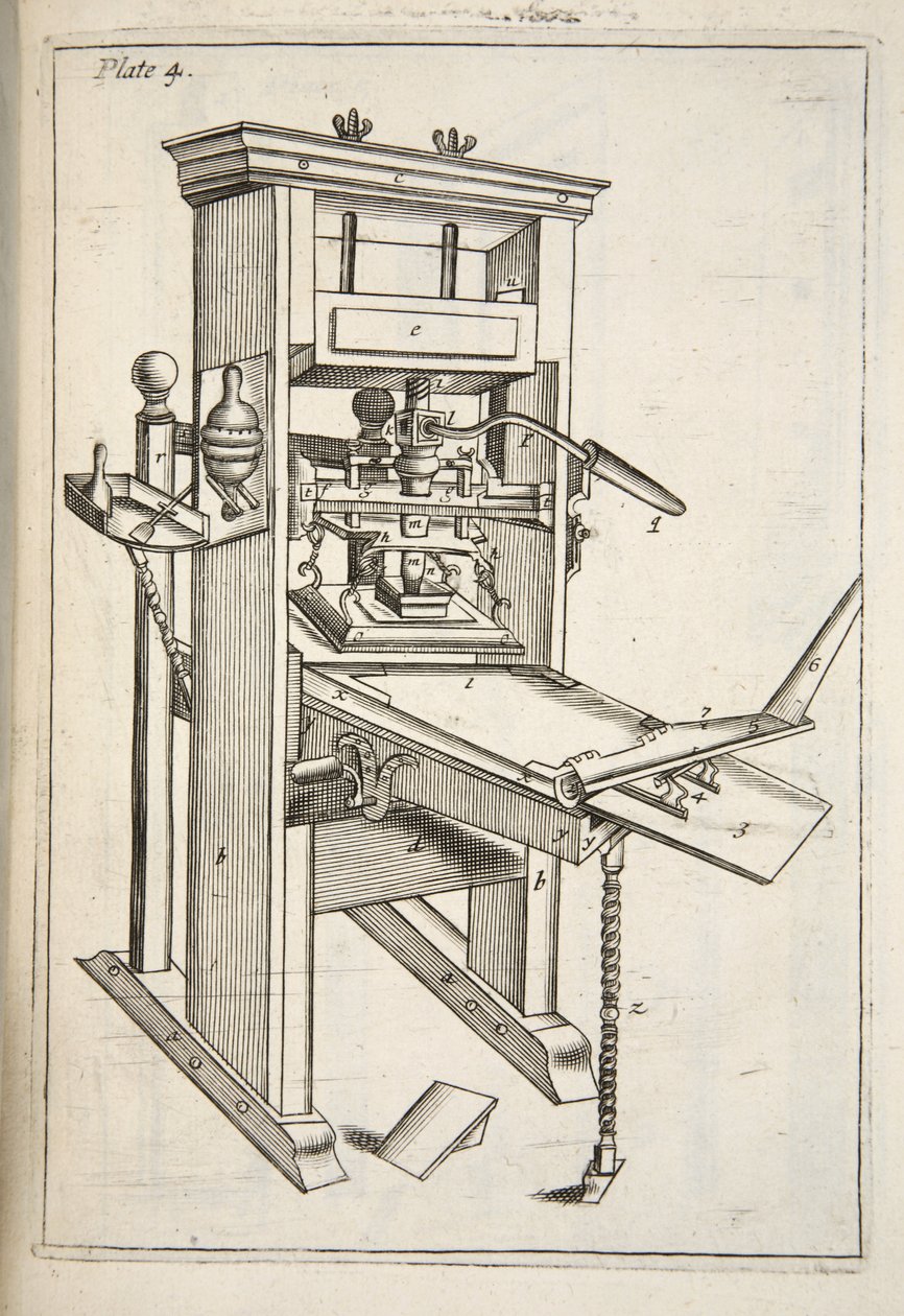 The Printing Press, alkaen Mechanick Exercises: tai The Doctrine of Handy-Works soveltaa Art of Printing, pub. 1683 tekijältä English School