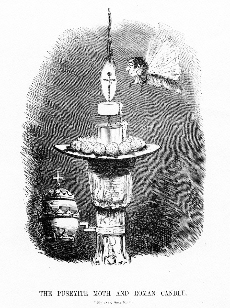 Puseyite-koi ja roomalainen kynttilä, kuva "Punch", 1850 tekijältä English School