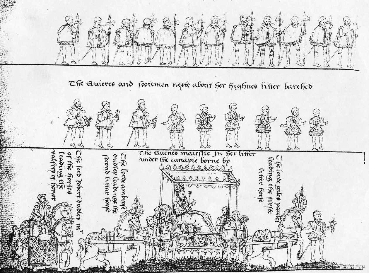 Kuningatar pentueessaan, elokuvasta "The Progresses of Queen Elizabeth 1" 1788, kirjoittanut John Nichols tekijältä English School