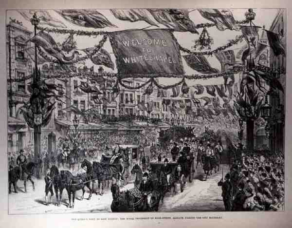 Queensin vierailu Itä-Lontoon: Kuninkaallinen kulkue High Streetillä, Aldgate, kaupungin rajan ylittäminen, The Illustrated London News, 21. toukokuuta 1887 tekijältä English School