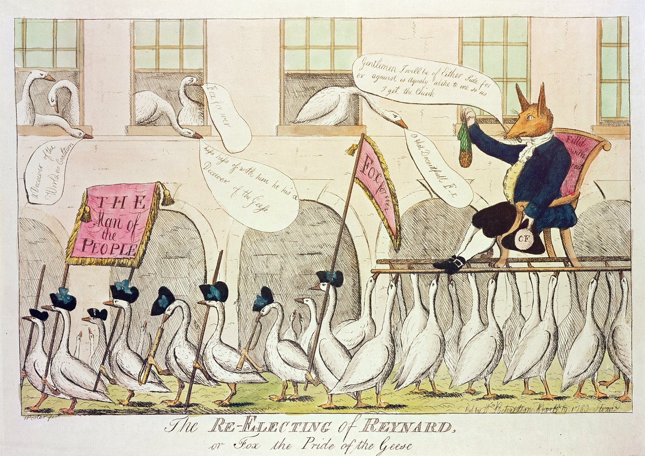 Reynardin uudelleenvalinta eli Kettu hanhien ylpeys, 1783 (käsinvärinen kaiverrus) tekijältä English School