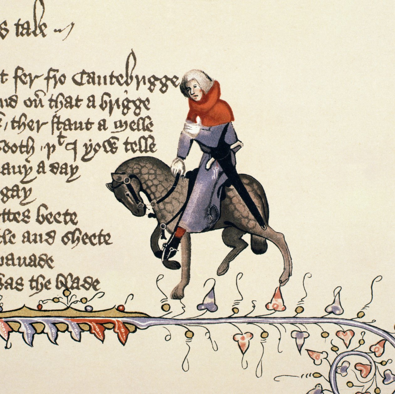 The Reeve, yksityiskohta The Canterbury Talesista, kirjoittanut Geoffrey Chaucer (n. 1342-1400) Ellesmeren käsikirjoitus, faksipainos, 1911 (alkuperäiset tiedot, katso 128932) tekijältä English School