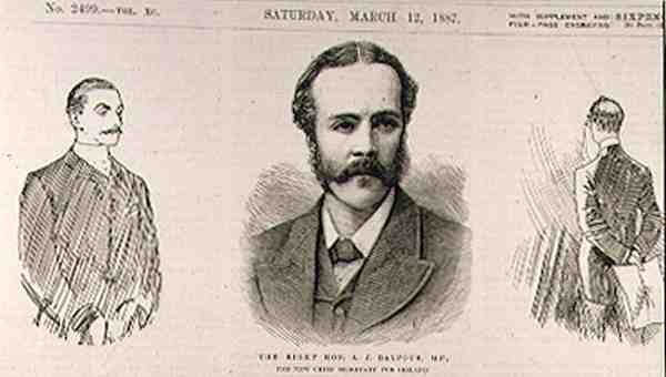 Oikea Hon. A. J. Balfour (1848-1930), M.P., Irlannin uusi pääsihteeri, The Illustrated London News, 12. maaliskuuta 1887 tekijältä English School
