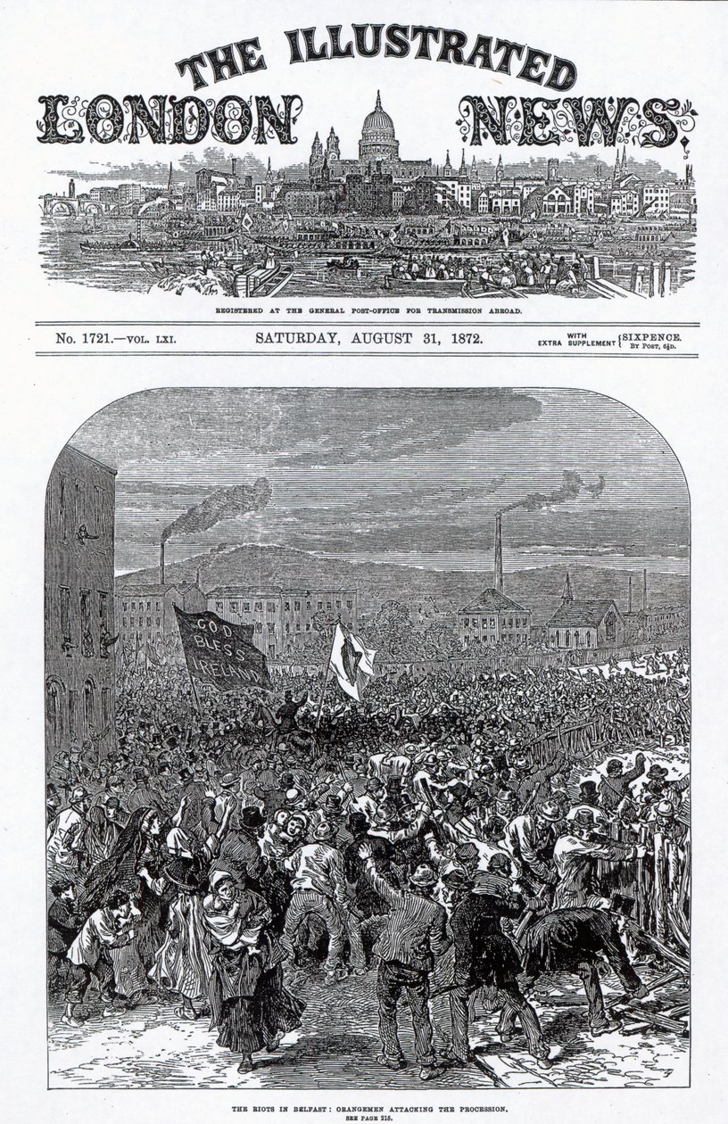 Belfastin mellakat: Oranssimiehet hyökkäävät kulkueen kimppuun, The Illustrated London News -lehden kansi, 31. elokuuta 1872. tekijältä English School