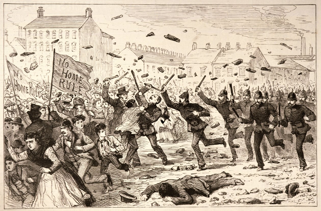 The Riots in Belfast: The Police Charging the Mob in Brickfields, The Illustrated London News, 19. kesäkuuta 1886 tekijältä English School