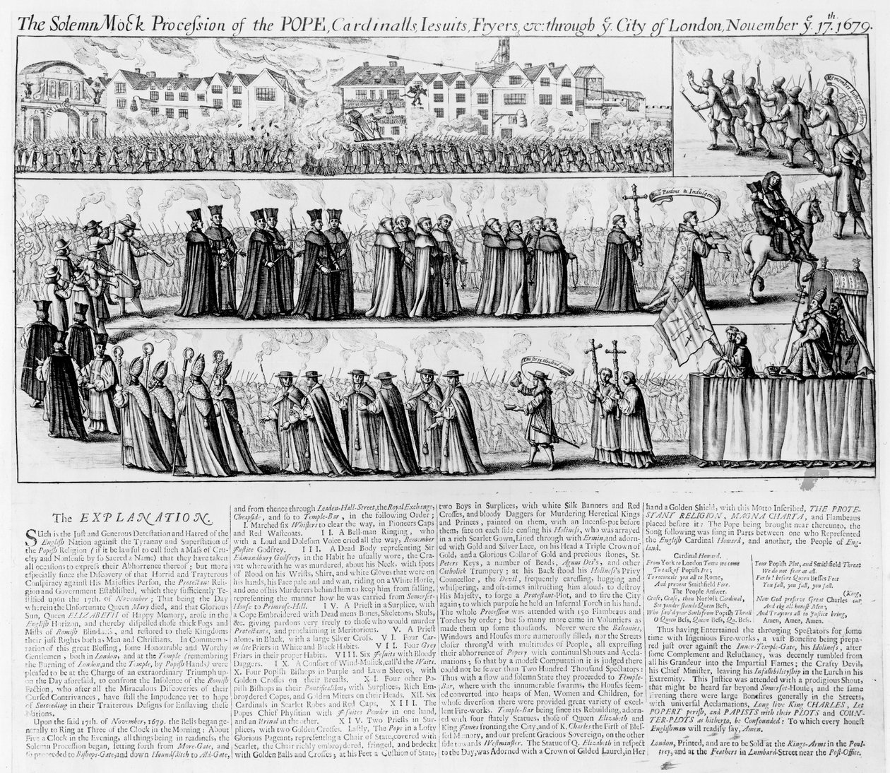 Paavin, kardinaalien, jesuiitojen ja friteereiden juhlallinen kulkue Lontoon kaupungin läpi "kuningatar Elisabetin päivänä", 17. marraskuuta 1679 tekijältä English School