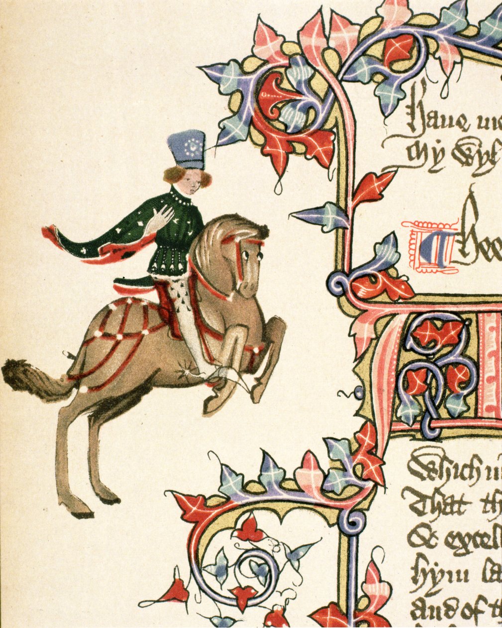The Squire, yksityiskohta The Canterbury Talesista, kirjoittanut Geoffrey Chaucer (n. 1342-1400) Ellesmeren käsikirjoitus, faksipainos, 1911 (alkuperäiset tiedot, katso 128934) tekijältä English School