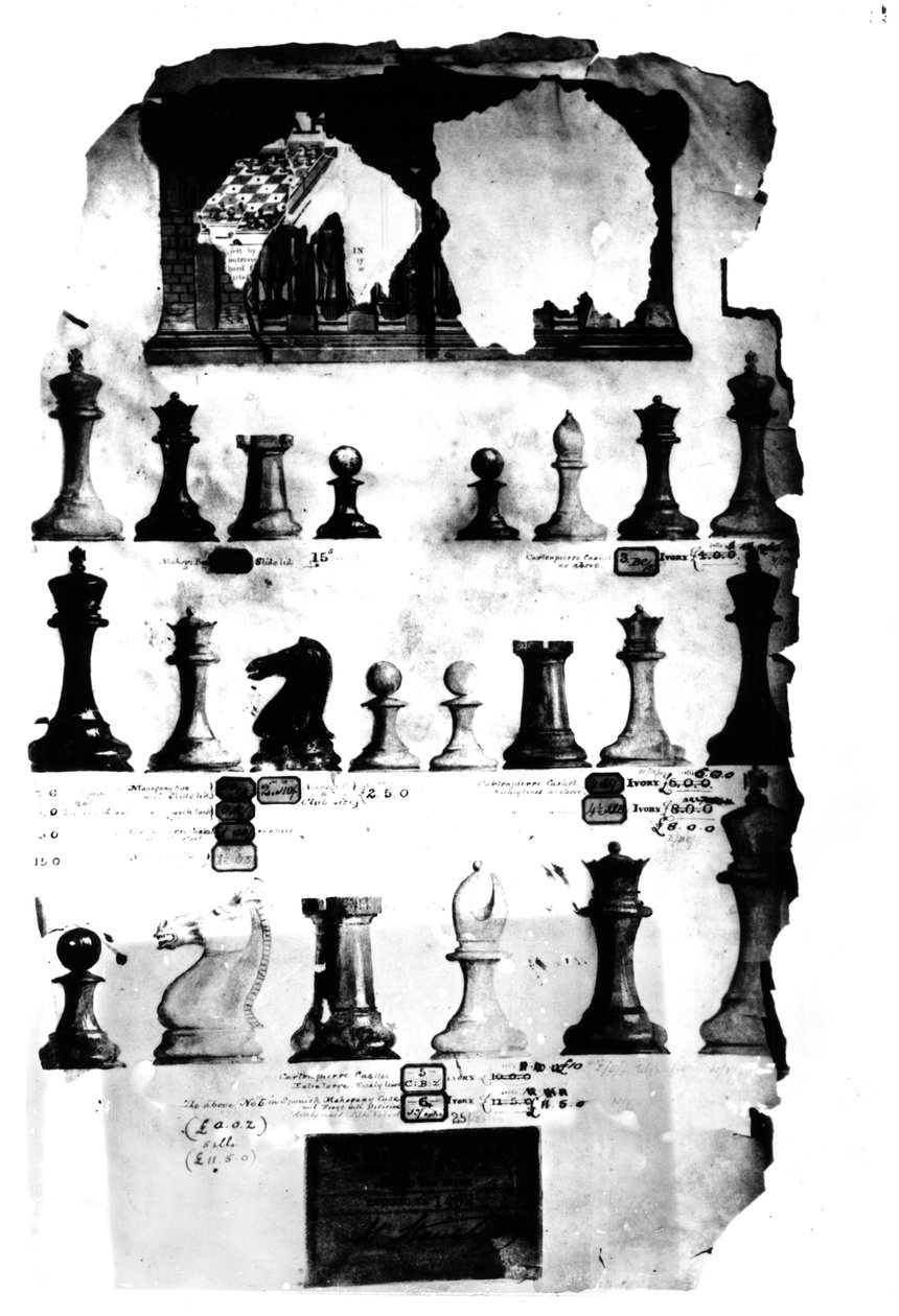 Staunton Chessmenin patenttipiirustus (kynä ja wc paperilla) tekijältä English School