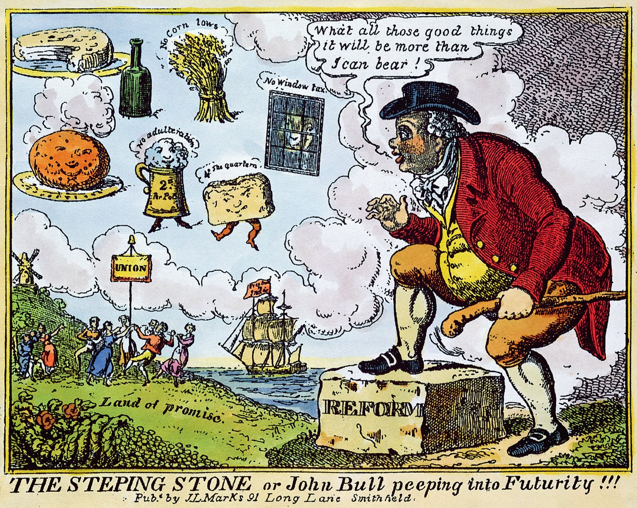 The Stepping Stone tai John Bull kurkistaa tulevaisuuteen!!! (värinen etsaus) tekijältä English School