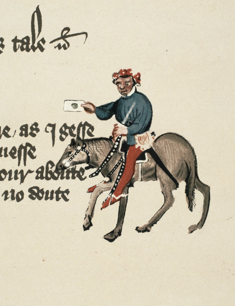 The Summoner, yksityiskohta The Canterbury Talesista, kirjoittanut Geoffrey Chaucer (n. 1342-1400) Ellesmeren käsikirjoitus, faksipainos, 1911 (alkuperäiset tiedot, katso 128936) tekijältä English School