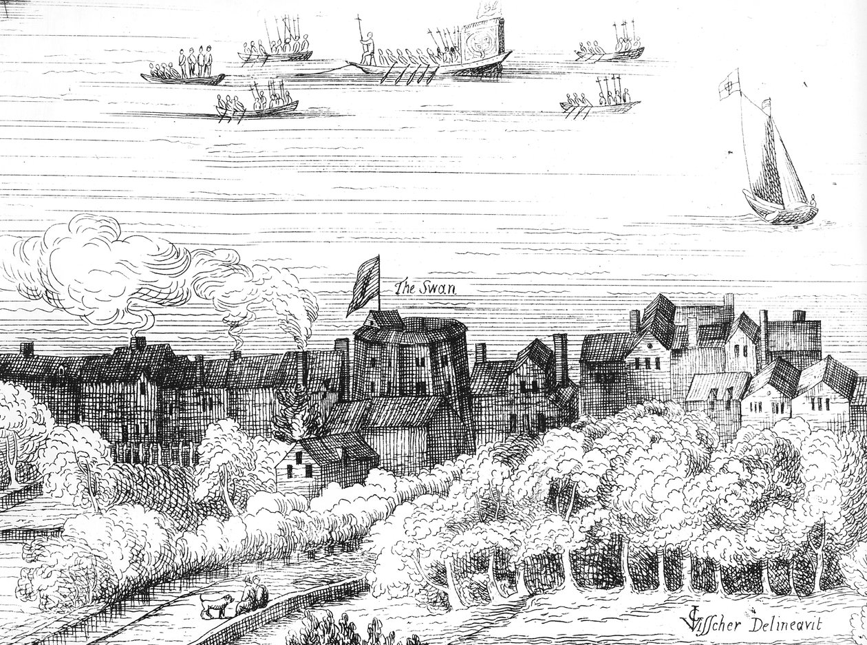 Joutsenteatteri Banksidessa sellaisena kuin se esiintyi vuonna 1614 tekijältä English School