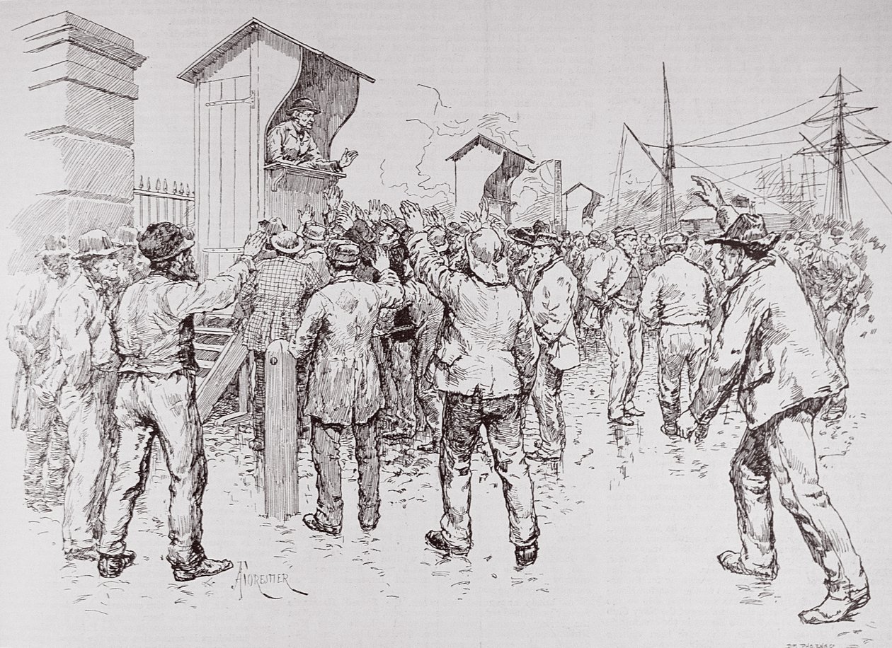 Lontoon työttömät: Työntekijöiden palkkaaminen Länsi-Intian telakoille, The Illustrated London News, 20. helmikuuta 1886. tekijältä English School