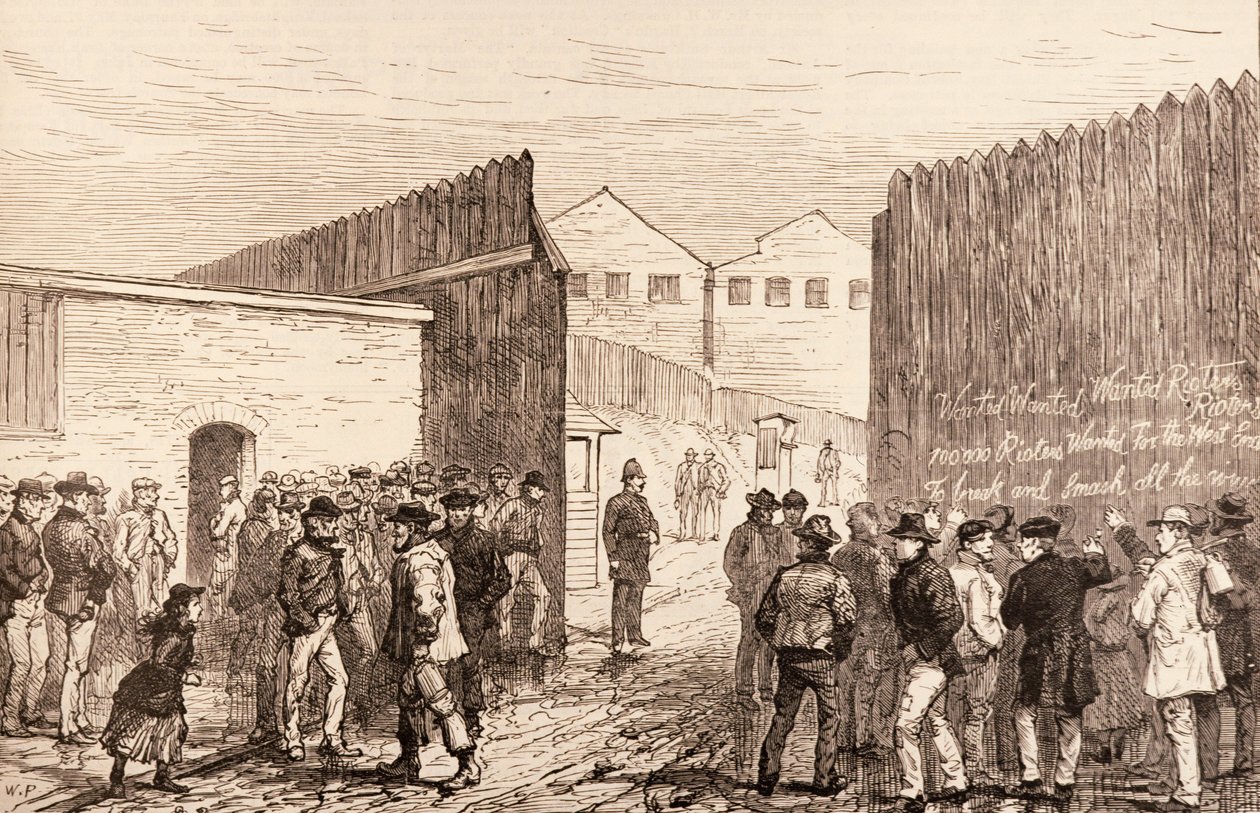 Lontoon työttömät: Kirjoitus porteille, West India Docks, The Illustrated London News, 20. helmikuuta 1886 tekijältä English School