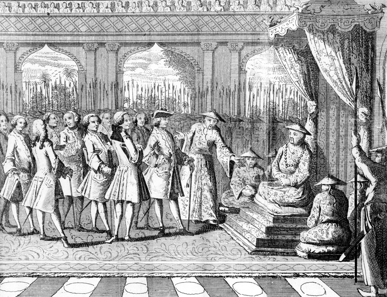 Kantonin varakuningas kuuntelemassa kommodori Ansonia elokuvasta "George Ansonin matka maailman ympäri vuosina 1740-1744". tekijältä English School