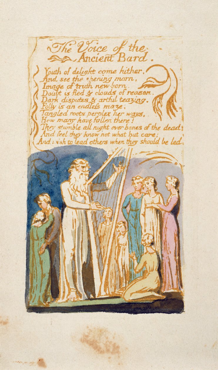 "The Voice of the Ancient Bard", levy 16 kappaleesta "Songs of Innocence and Experience", William Blaken (1757-1827) mukaan n. 1808 (wc kynällä ja ruskealla musteella) tekijältä English School
