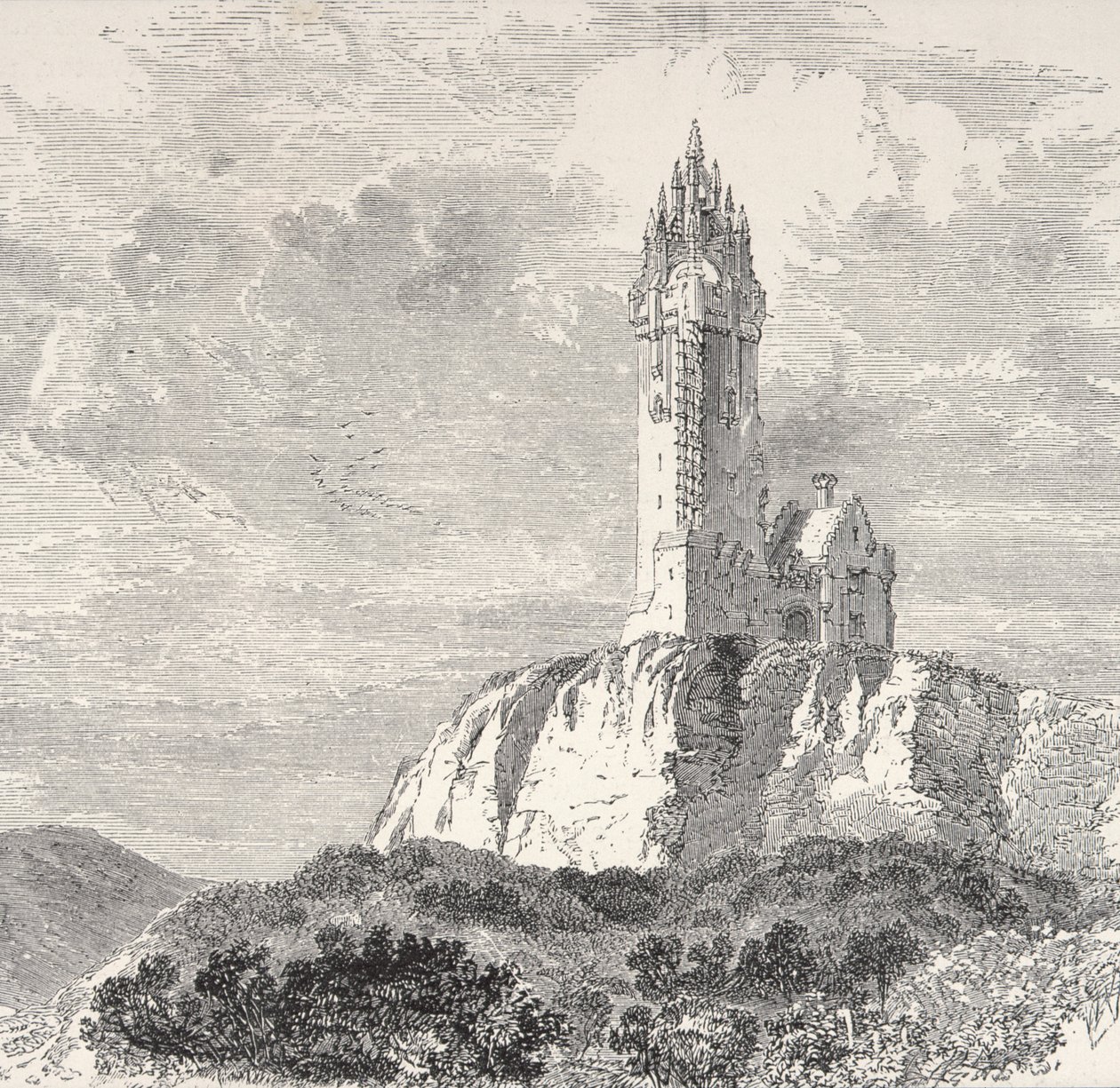 The Wallace Monument, Stirling, noin 1880, Religious Tract Societyn julkaisemasta Scottish Picturesistä, 1886 tekijältä English School