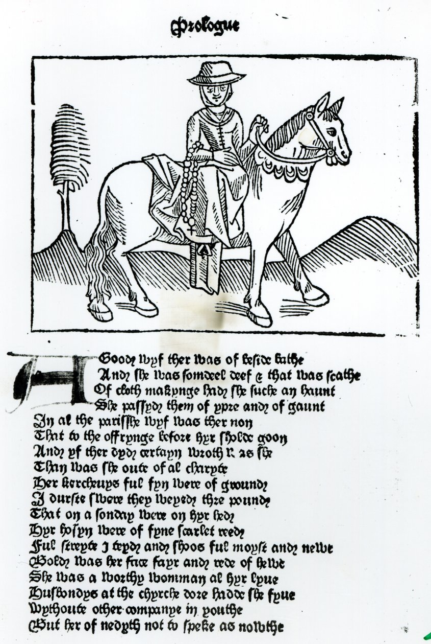 The Wife of Bathin, kuvitus Geoffrey Chaucerin (n. 1345-1400) Canterbury Talesista, paina William Caxton (n. 1422-1491) tekijältä English School