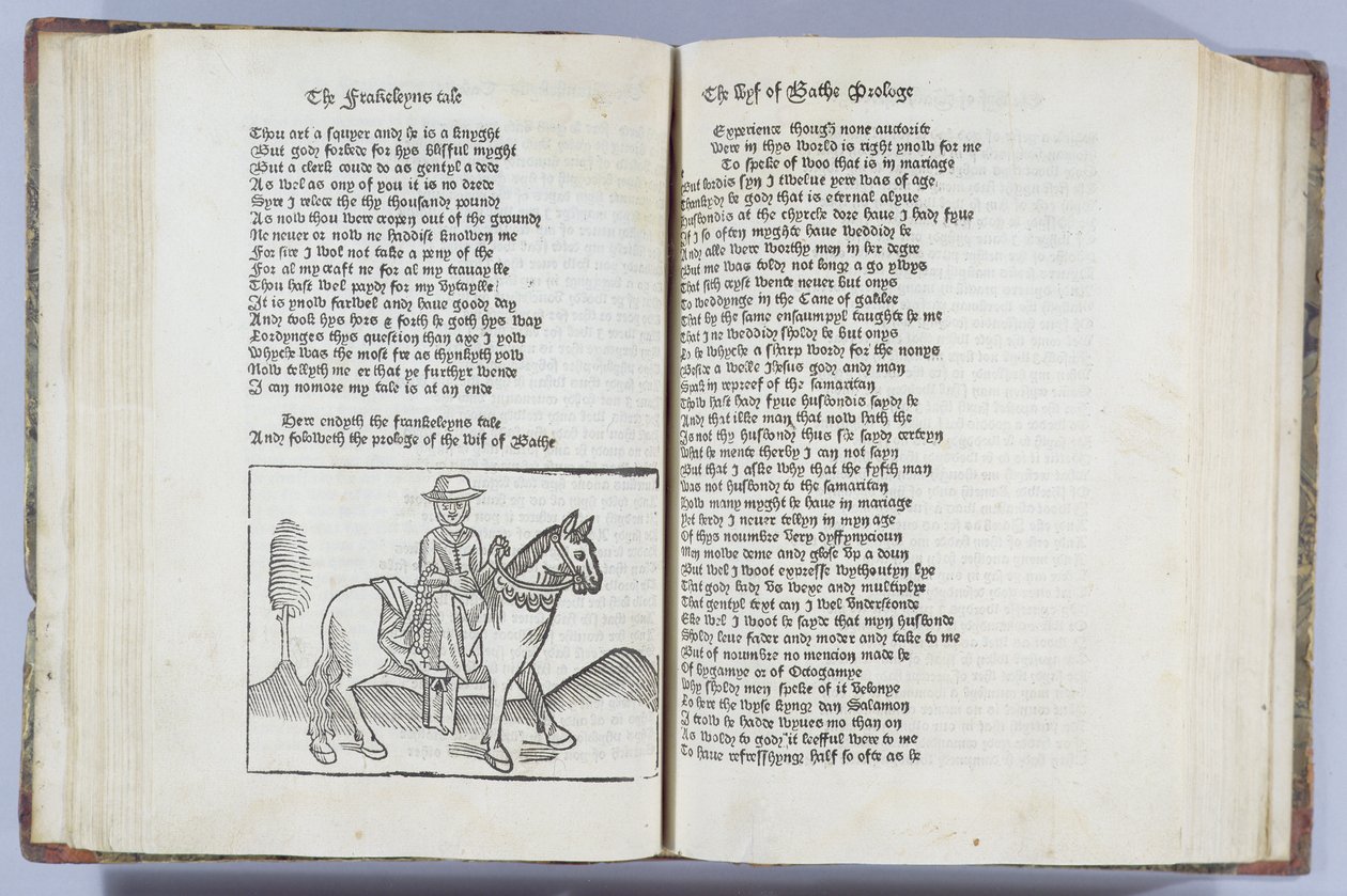 The Wife of Bathin, kuvitus Geoffrey Chaucerin "Canterbury Talesista", paina William Caxton (n. 1422-1491) tekijältä English School