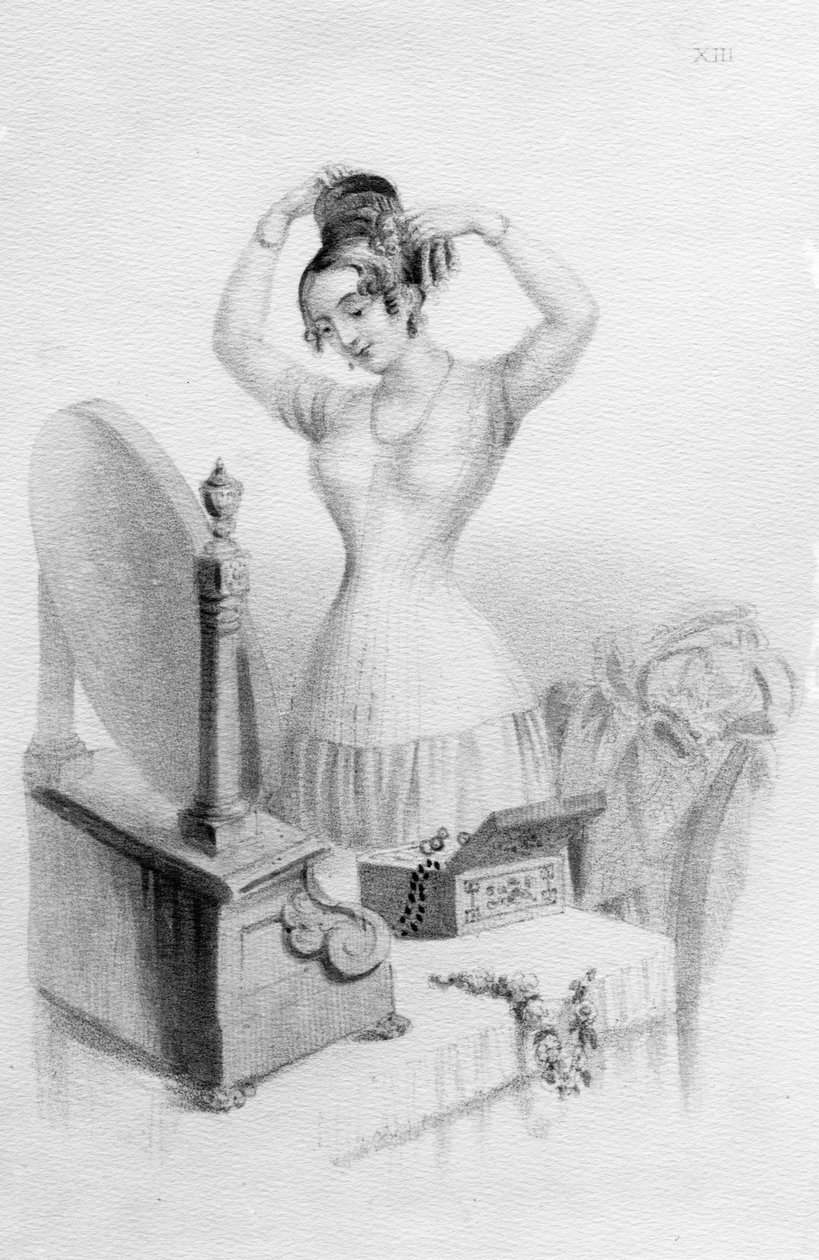 Rouva Nicholas Gearyn korsettien edut rouva A. Walkerin kirjasta "Female Beauty, as Preserved and Improved by Regimen, Cleanliness and Dress", 1837 tekijältä English School