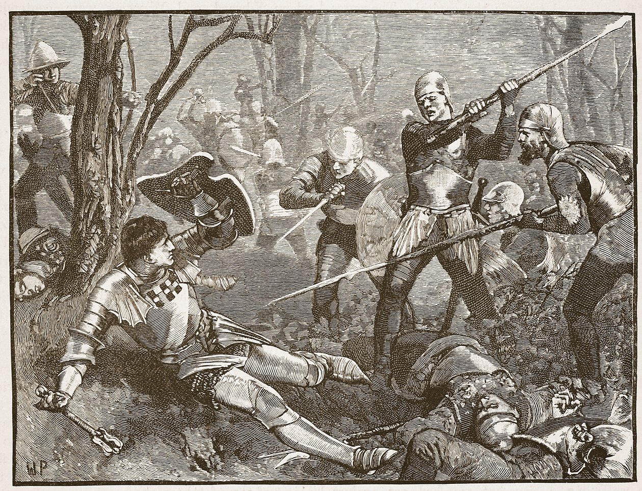 Kuninkaantekijän kuolema Barnetin taistelussa, noin 1880, kuva Cassells Illustrated History of Englandista (seepiakuva) tekijältä English School