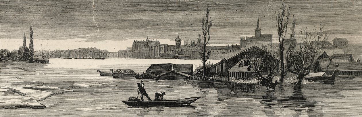 Itävalta-Unkarin tuhoisat tulvat: Näkymä Tonavan äskettäin tulvimaan Raabiin Graphicista, 20. tammikuuta 1883 tekijältä English School
