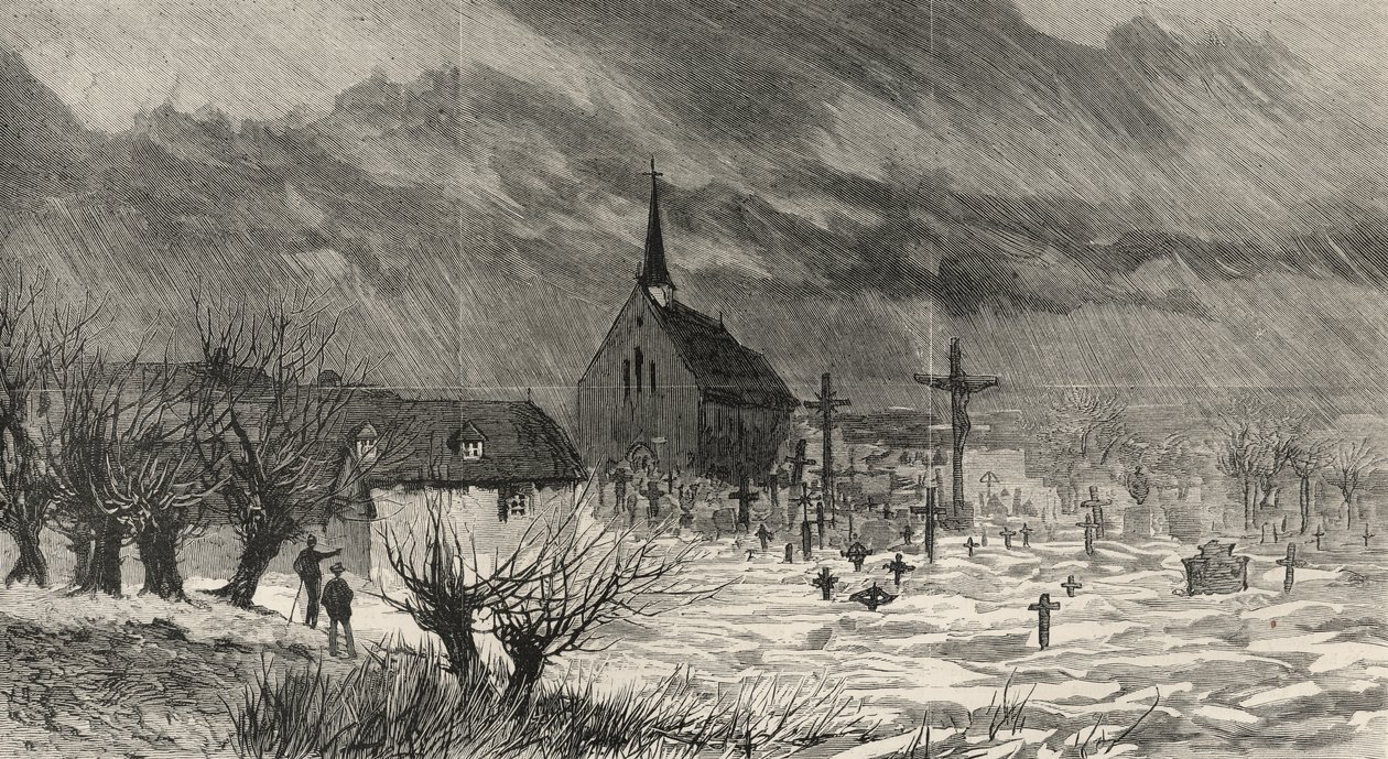Itävalta-Unkarin tuhoisat tulvat: Näkymä Tonavan äskettäin tulvimaan Raabiin Graphicista, 20. tammikuuta 1883 tekijältä English School