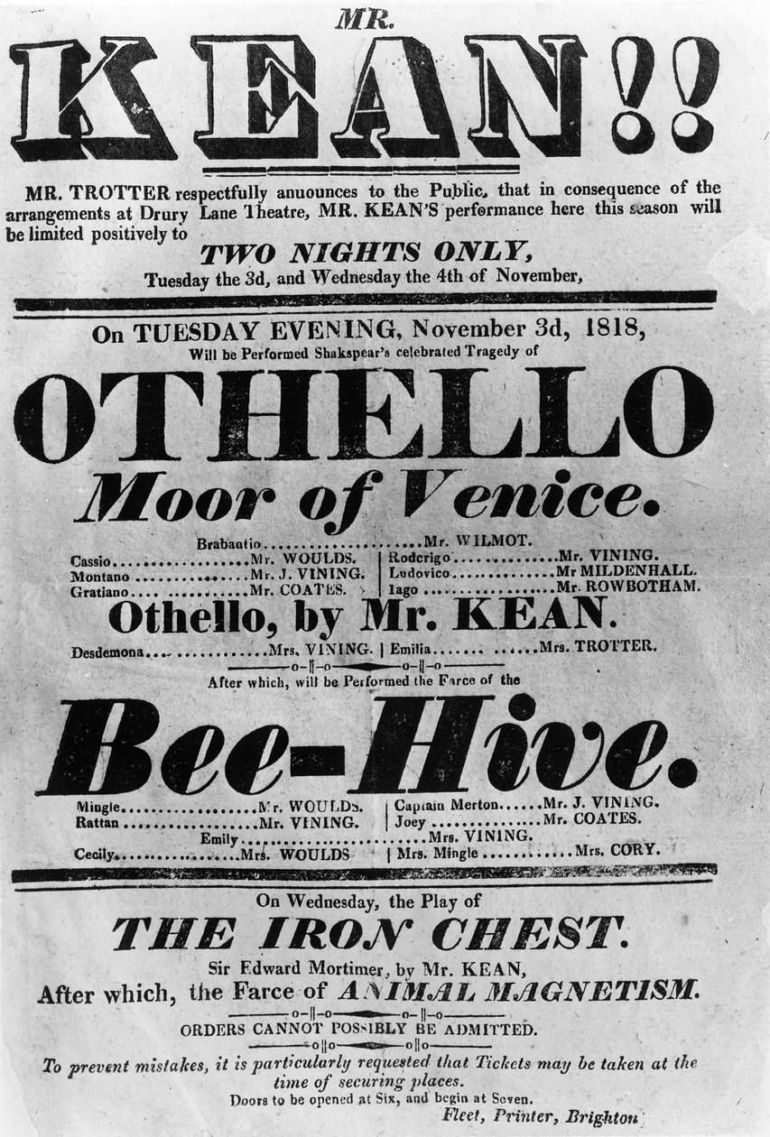 Theatre Bill mainosesityksiä Mr. Kean, 1818 (painettu paperi) tekijältä English School