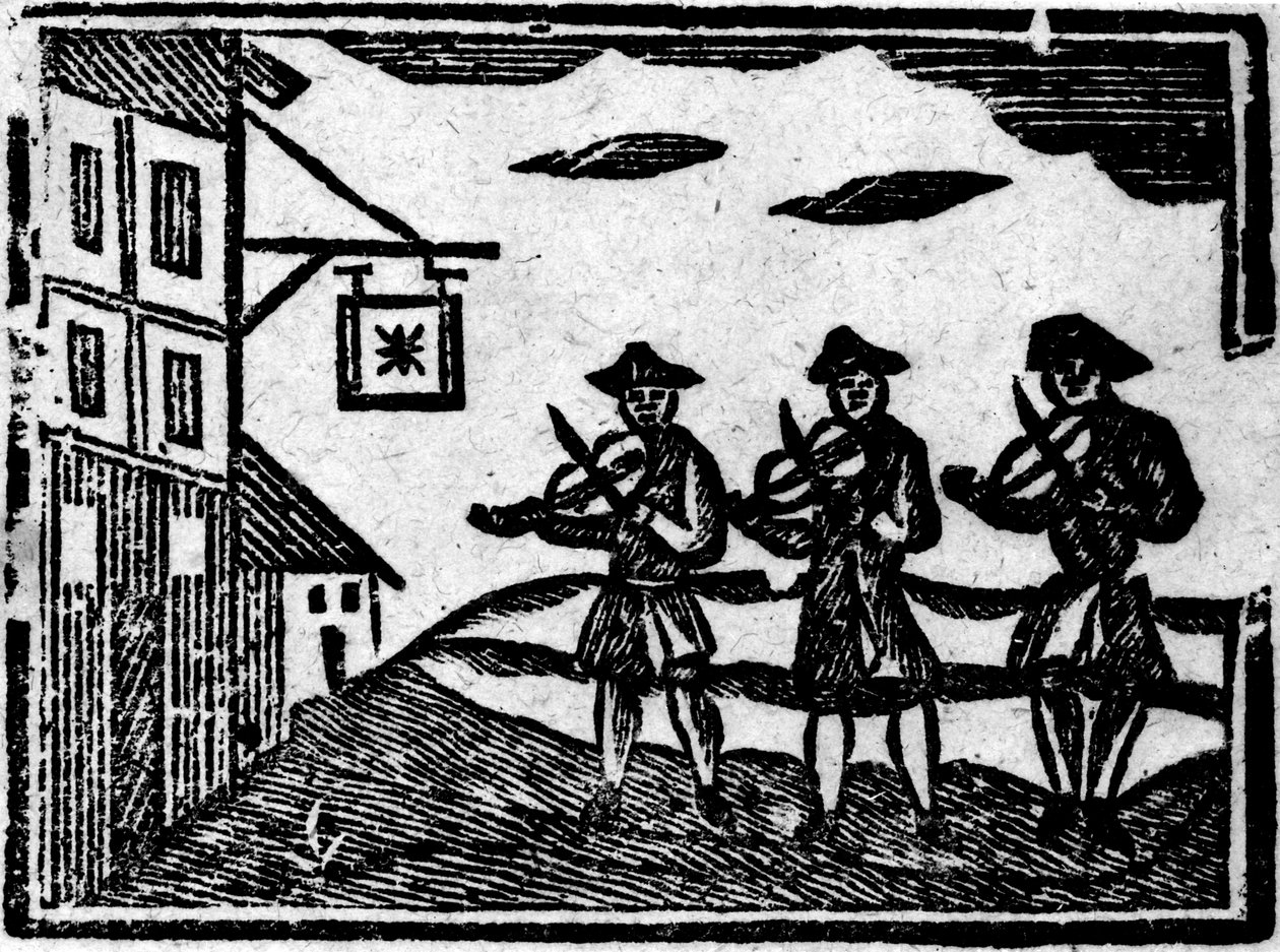 Kolme viulunsoittajaa teoksesta A Book of Roxburghe Ballads tekijältä English School