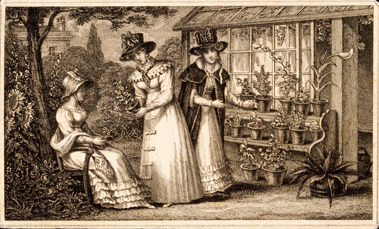 Kolmen naisen puutarhanhoito The Pottting Shedissä n. 1820-luku tekijältä English School