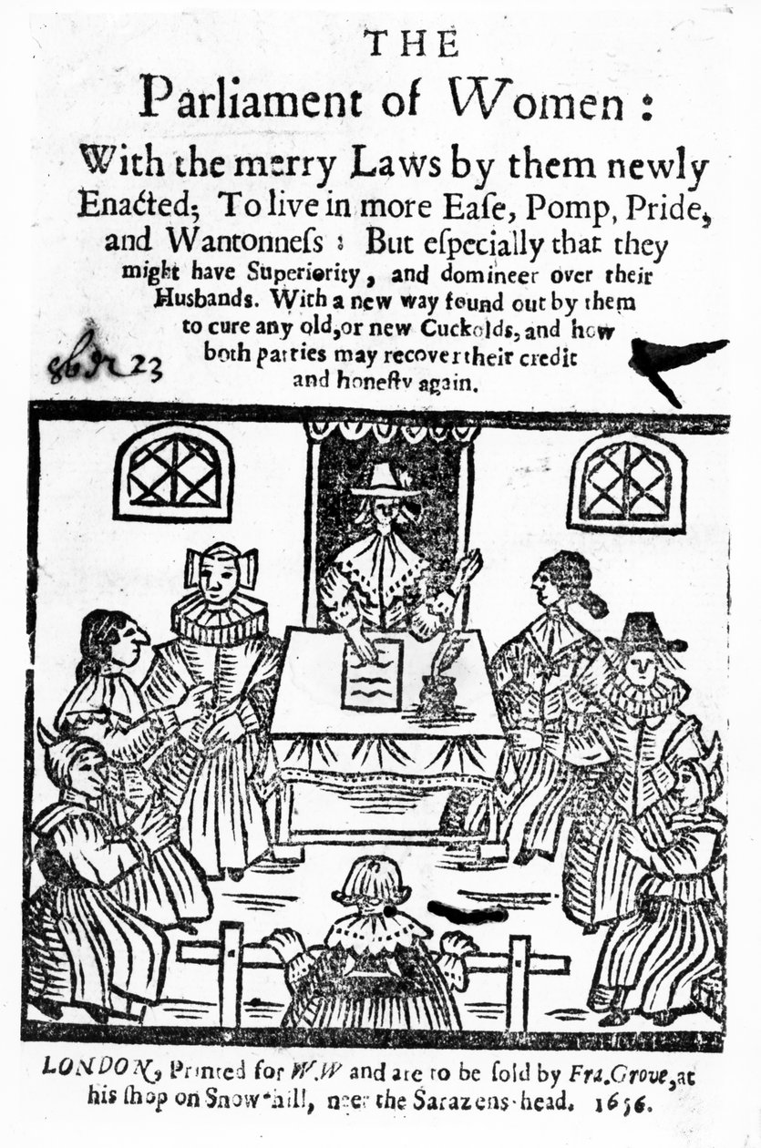 Nimisivu teokselle "Naisten parlamentti", 1656 (puupiirros ja kohopaino) tekijältä English School