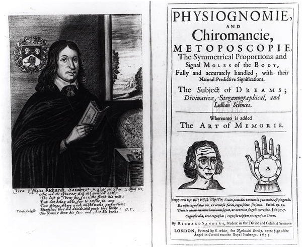 Physiognomie and Chiromancie -teoksen nimiölehti: Richard Sandersin kirjoittama The Art of Memory, jossa on kirjailijan muotokuva, julkaistu vuonna 1653. tekijältä English School
