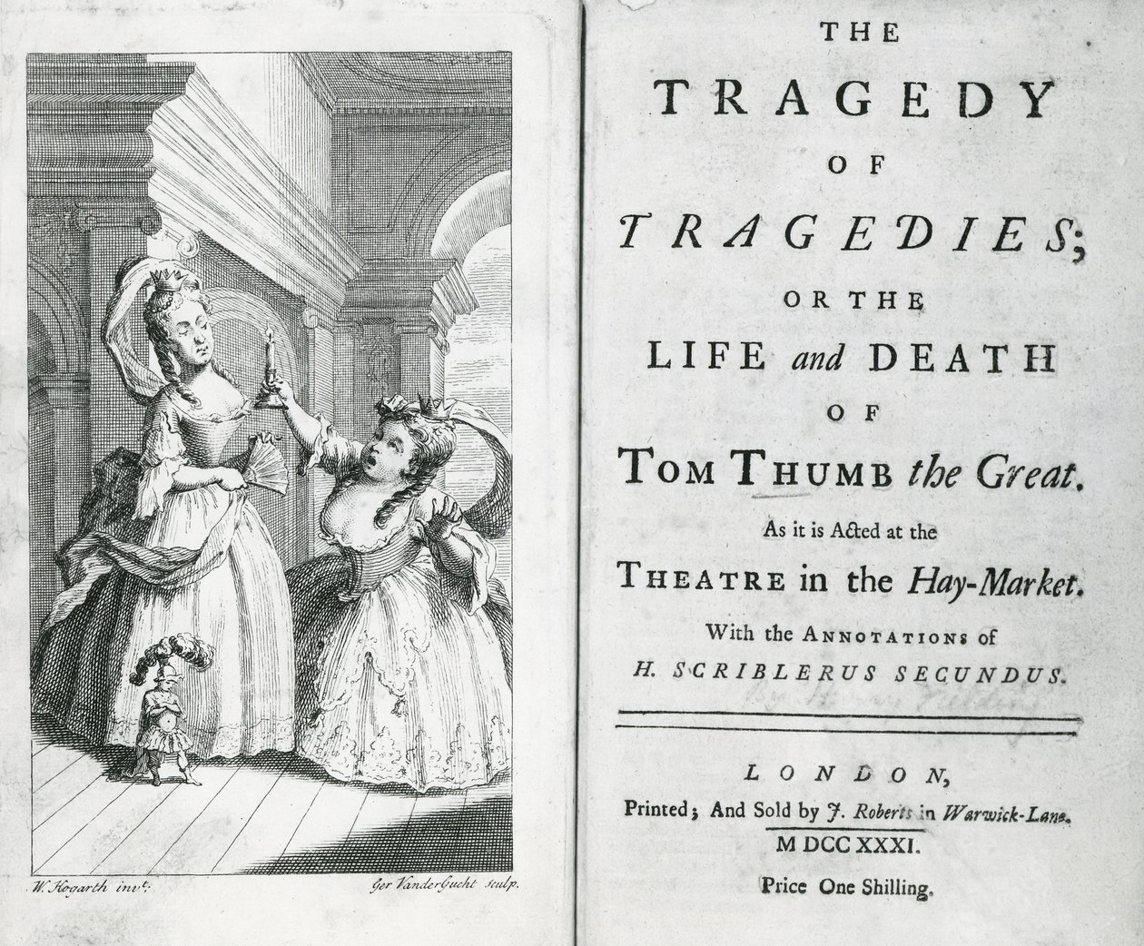 Tom Thumbin käsikirjoituksen nimisivu, 1731 tekijältä English School