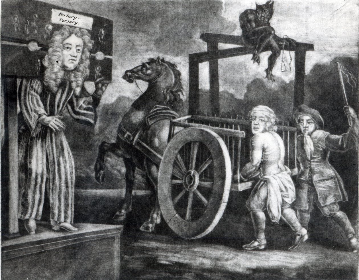 Titus Oates kolmantena tuomiopäivänä vuonna 1685, kun hänet riisuttiin, sidottiin kärryyn ja ruoskittiin Aldgatesta Newgateen tekijältä English School