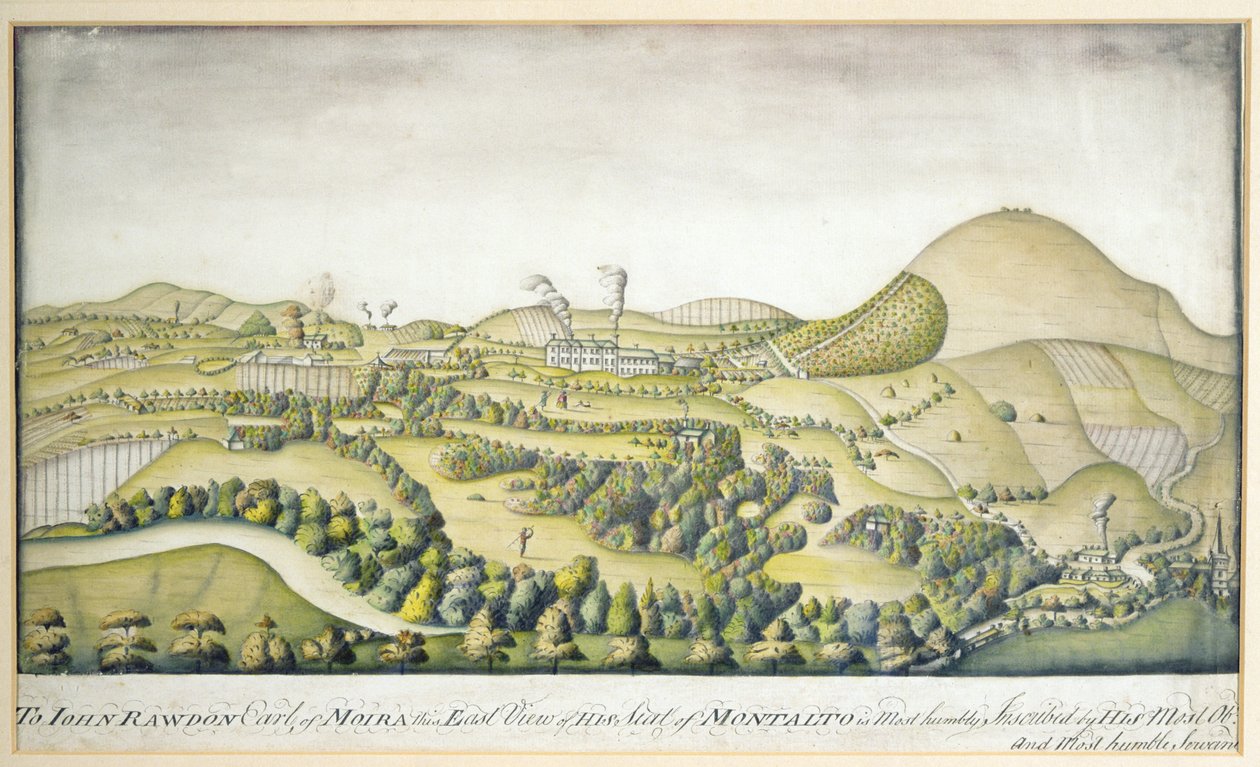 John Rawdonille, Earl of Moira, tämä itänäkymä hänen Montalton istuimestaan, n. 1800 (kynä ja wc) tekijältä English School