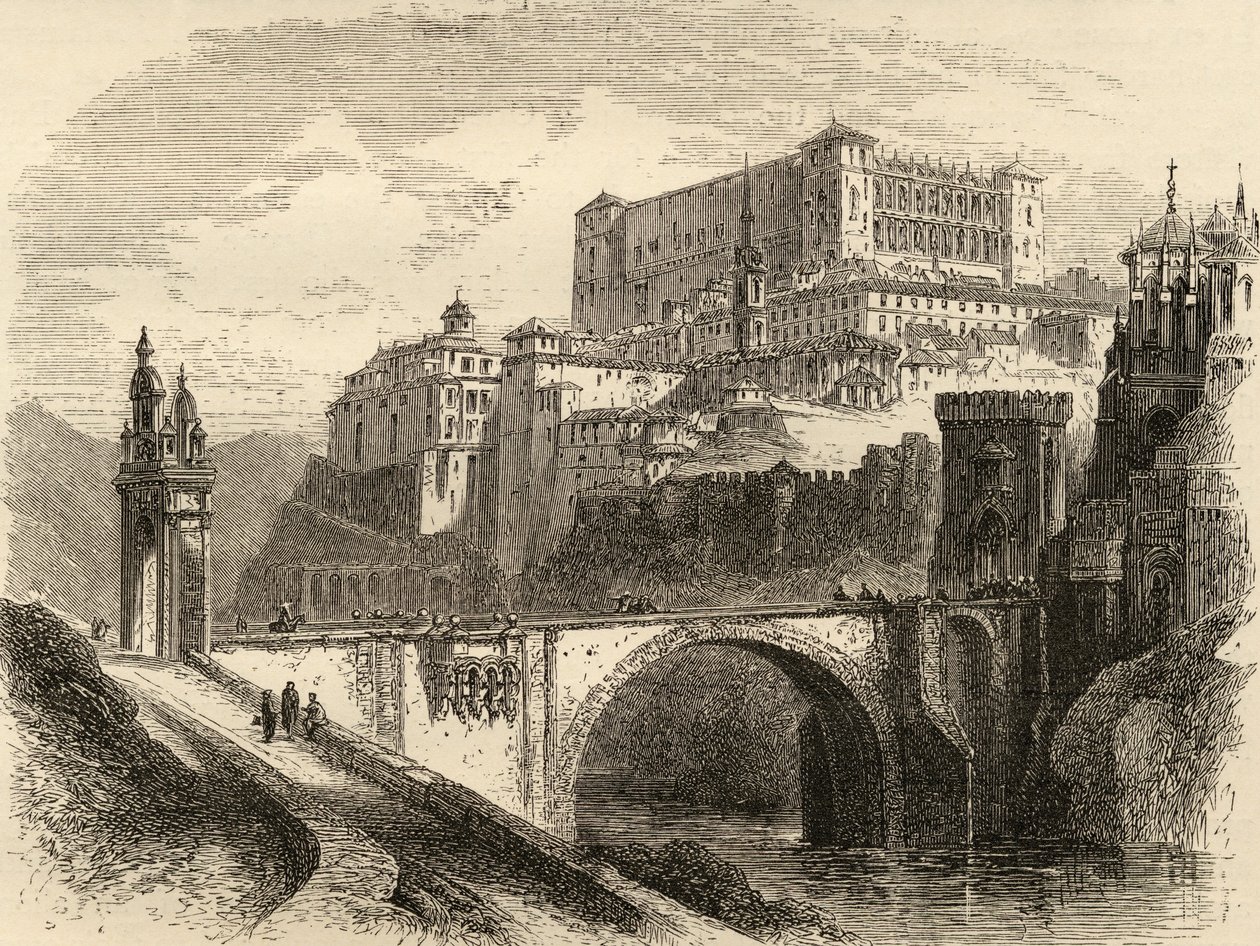 Toledo, Espanja, kuvitus "Spanish Picturesistä", pastori Samuel Manning tekijältä English School