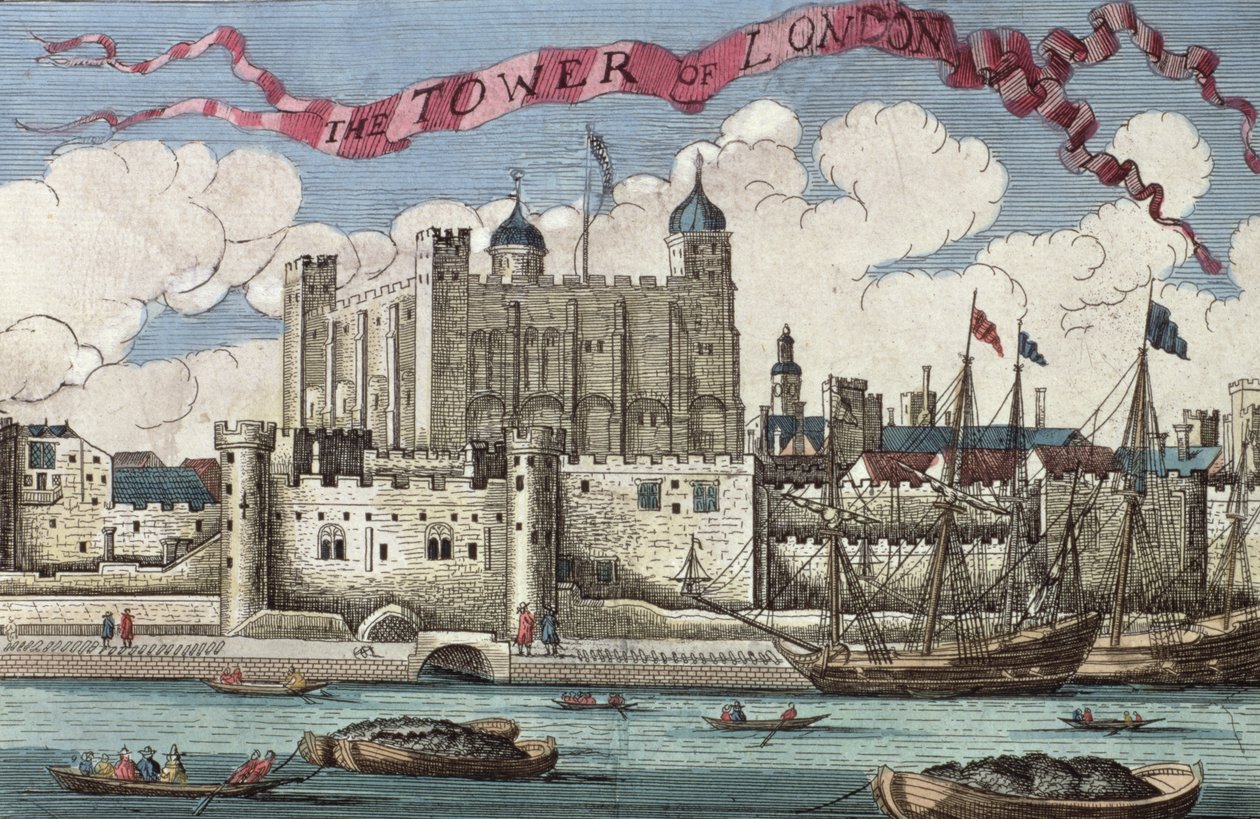 Lontoon Tower Thames-joesta nähtynä, kirjasta "Kirja Lontoon Cityn merkittävien paikkojen näkymistä ja Lontoosta", n. 1700 tekijältä English School