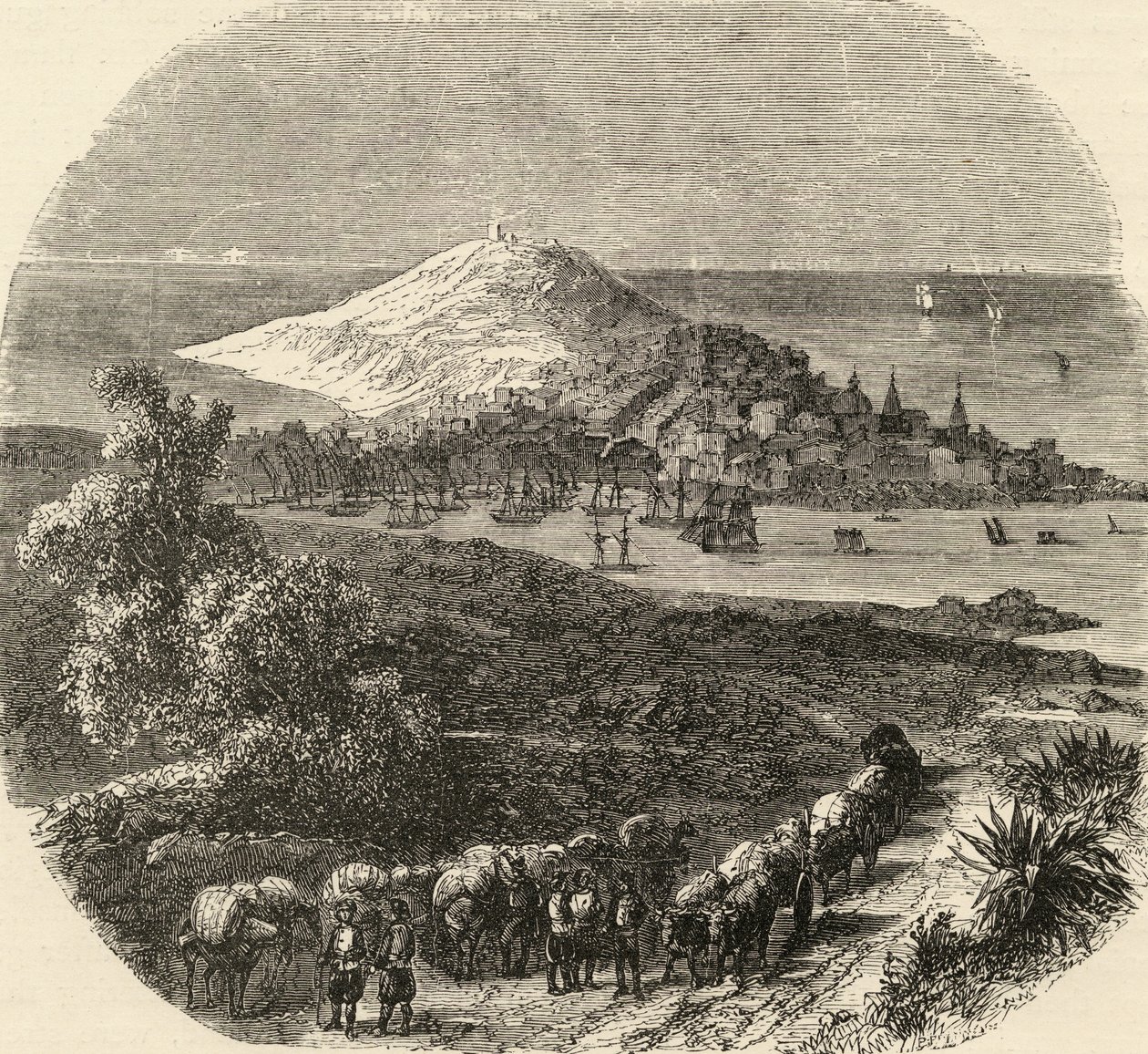 Kaupunki ja Korunanlahti, Espanja, kuvitus "Spanish Picturesistä" pastori Samuel Manning tekijältä English School