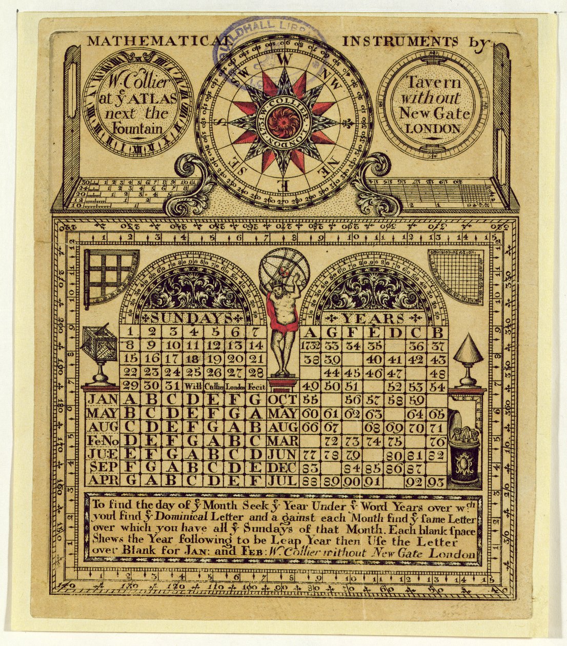 Matemaattisten instrumenttien valmistajan W. Collierin kauppakortti, 1731 tekijältä English School