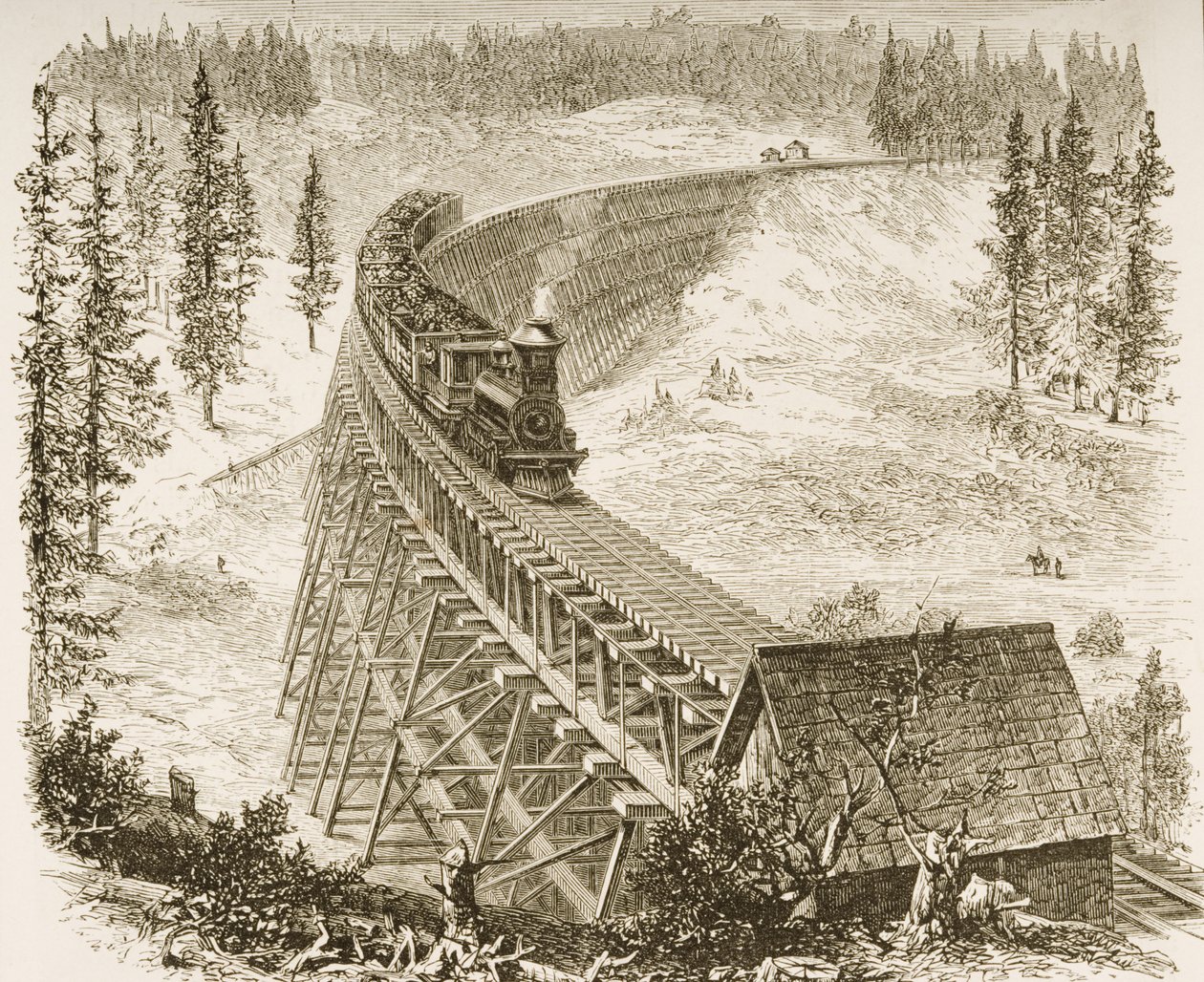 Trestle Bridge on the Pacific Railway, Sierra Nevada, n. 1870, American Picturesista, julkaisija The Religious Tract Society, 1876 tekijältä English School