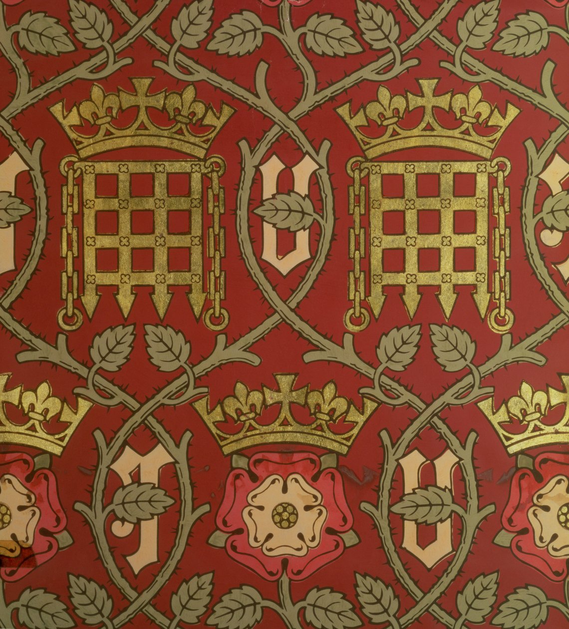 Tudor Rose, reproduktiotapetti, jonka on suunnitellut S. Scott ja valmistanut Cole & Sons, Augustus Charles Puginin (1762-1832) suunnitelman mukaan parlamenttitalolle 1845-50 (katso myös 14528) tekijältä English School