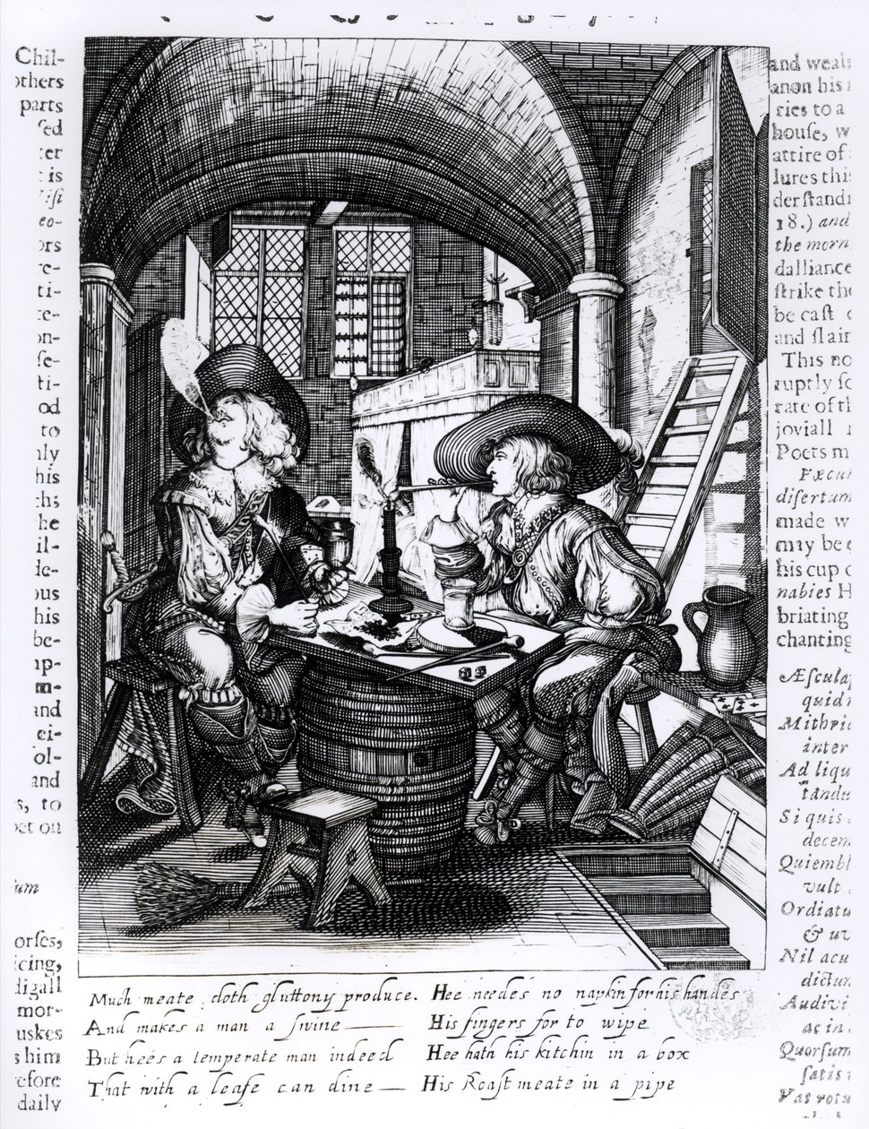 Kaksi nuorta aatelismiestä tupakoi, Tupakointimielinen kuva James I:n valtakaudelta (1566-1625) tekijältä English School