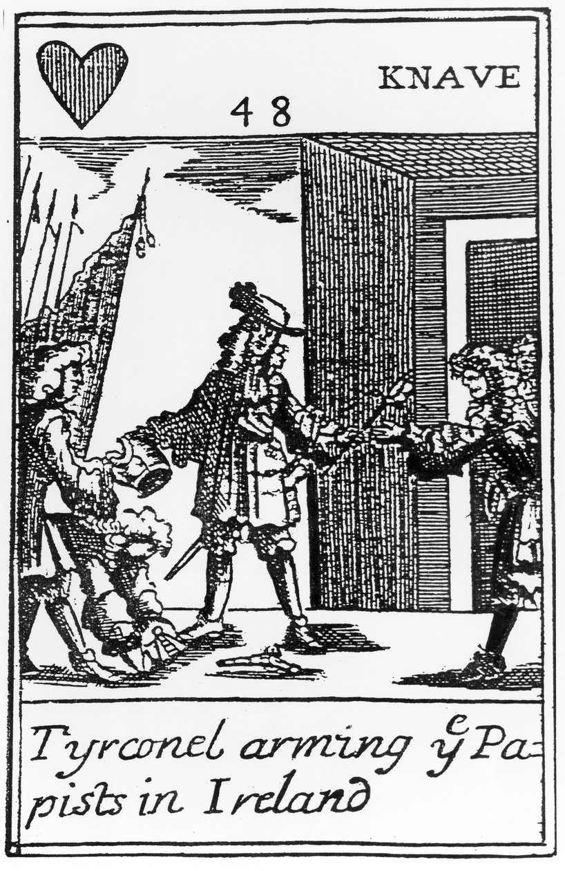 Tyrconnel aseistamassa paavilaisia Irlannissa, antikatolinen pelikortti vuoden 1688 kunniakkaan vallankumouksen muistoksi (katso 115649) tekijältä English School