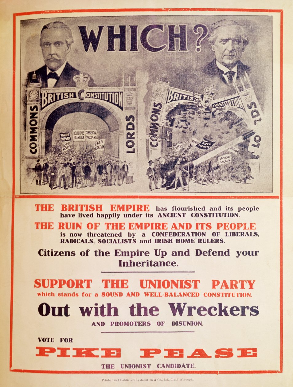 Unionistipuolueen juliste Ison-Britannian parlamenttivaaleissa tammikuussa 1910. tekijältä English School