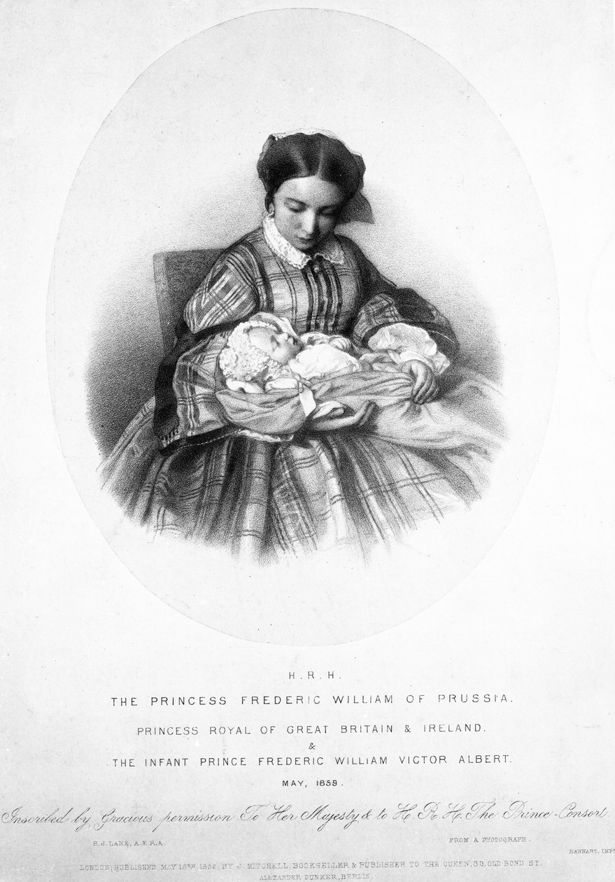 Victoria, kuninkaallinen prinsessa (1840-1901) poikansa, prinssi Frederick William Victor Albertin kanssa toukokuussa 1859 valokuvasta tekijältä English School