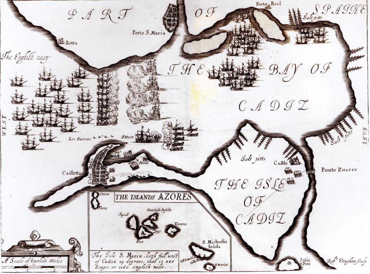 Englannin kuninkaallisen laivaston voitto Cadizin lahdella, kaiverrus Robert Vaughan (fl.1622-78) tekijältä English School