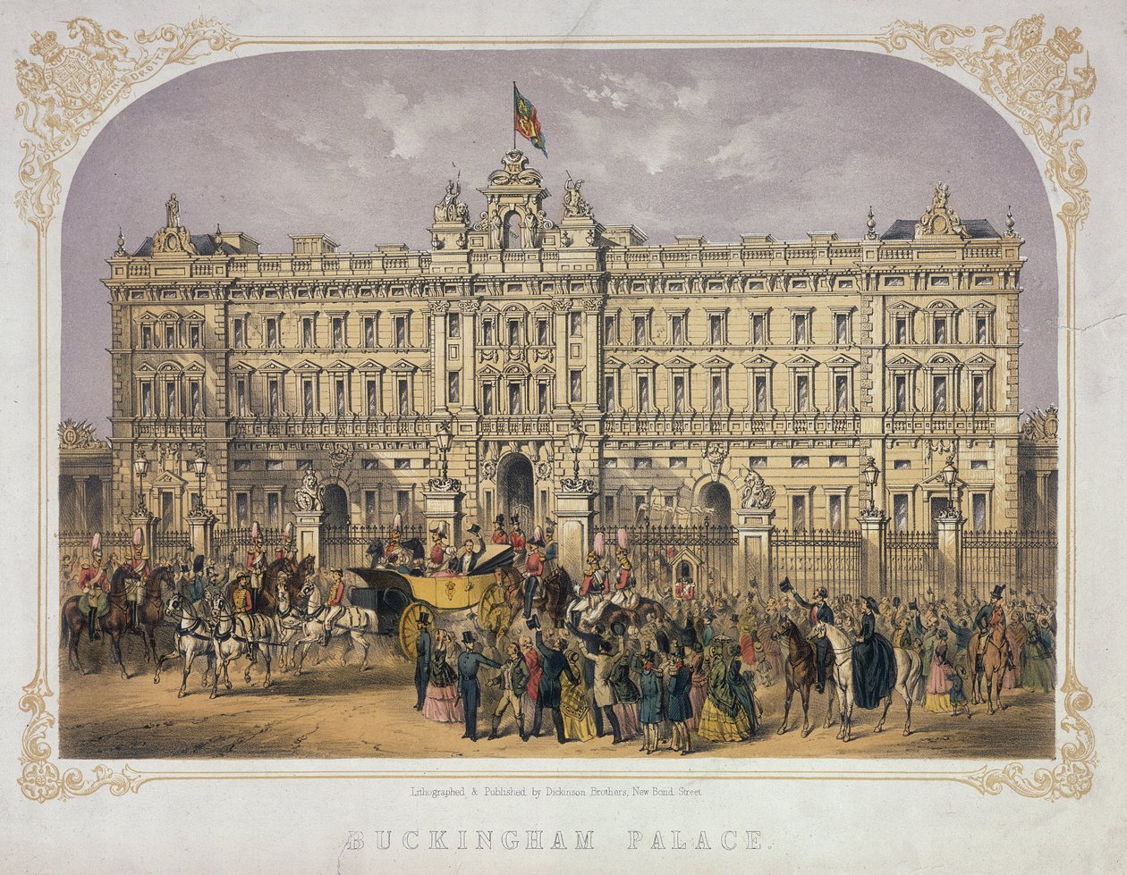 Näkymä Buckinghamin palatsista, jossa ulkona taputtaa kuningatar Victoria (1819-1901) ja prinssi Albert (1819-61), kun he ajavat ulos vaunuissa, n. 1855 tekijältä English School